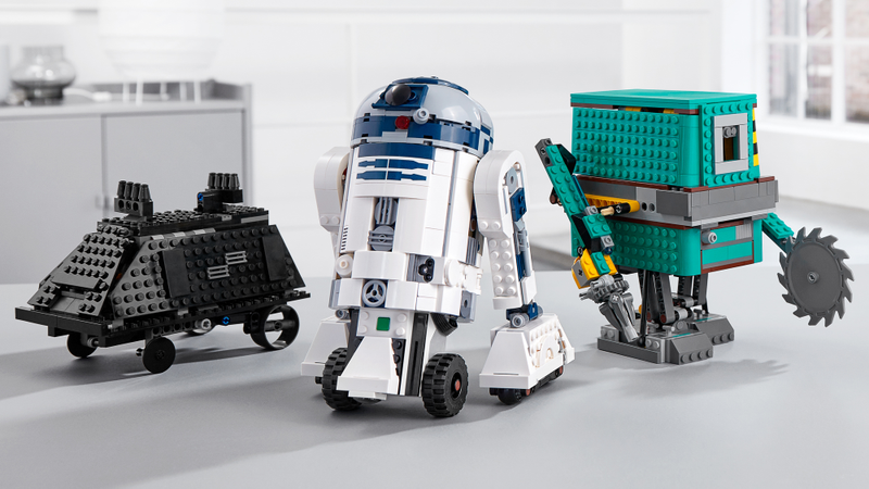 A Lego Mouse droid, R2-D2, and Gonk droid.
